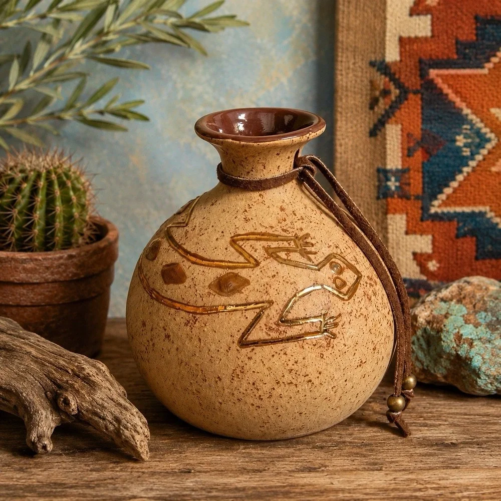 VTG Susan Lefler Earth'n Fire Lizard 22K Gold Signed Fine Art Pottery Vase 5.5